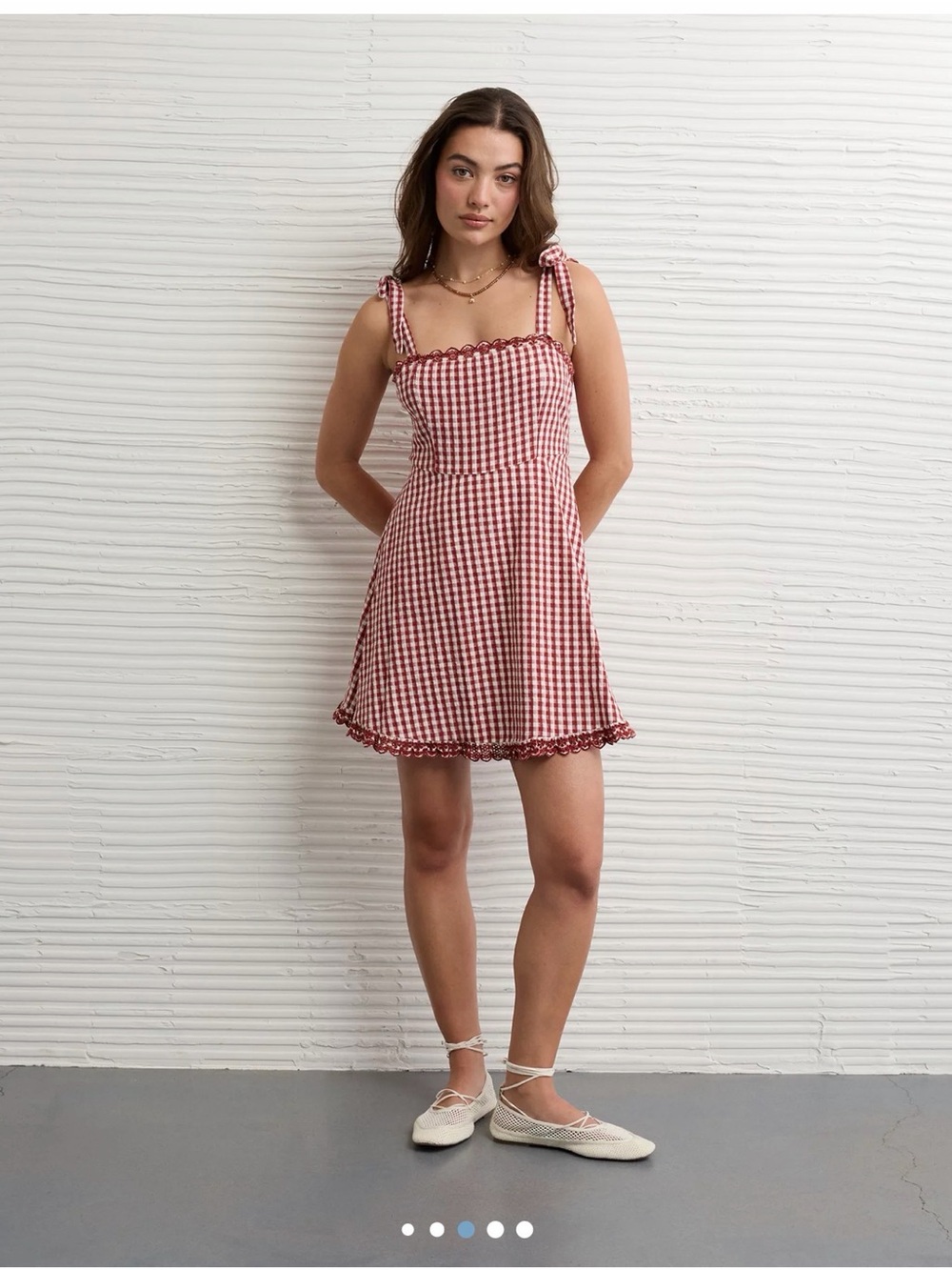 American Eagle Outfitters Red Gingham Tie-Shoulder Mini Dress